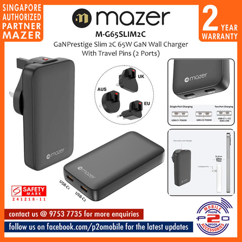 Mazer M-G65SLIM2C GaNPrestige Slim 2C 65W GaN Wall Charger With Travel Pins (2 Ports)