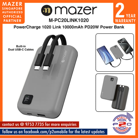 Mazer M-PC20LINK1020 PowerCharge 1020 Link 10000mAh PD20W Power Bank with Built-in Dual USB-C Cables