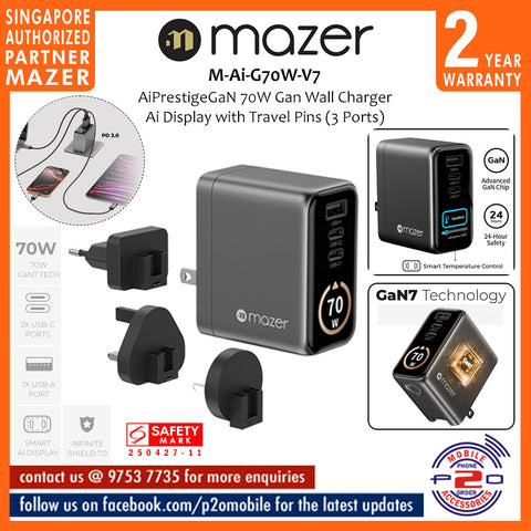 Mazer M-Ai-G70W-V7 AiPrestigeGaN 70W Gan Wall Charger Ai Display with Travel Pins (3 Ports)