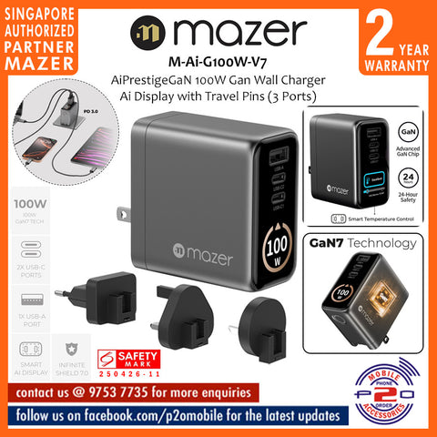 Mazer M-Ai-G100W-V7 AiPrestigeGaN 100W Gan Wall Charger Ai Display with Travel Pins (3 Ports)