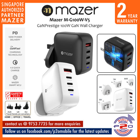 Mazer M-G100W-V5 GaNPrestige 100W Gan Wall Charger with 4 Travel Pins (4 Ports)
