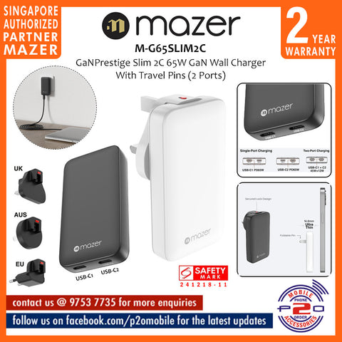 Mazer M-G65SLIM2C GaNPrestige Slim 2C 65W GaN Wall Charger With Travel Pins (2 Ports)