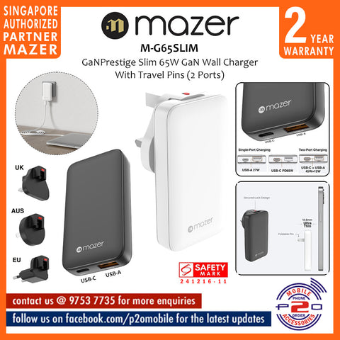 Mazer M-G65SLIM GaNPrestige Slim 65W GaN Wall Charger With Travel Pins (2 Ports)
