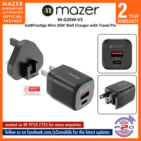 Mazer M-G20W-V5 GaNPrestige Mini 20W Wall Charger with Travel Pin
