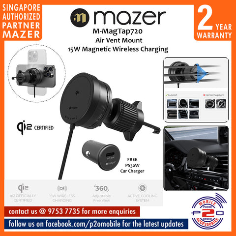 Mazer M-qi2-MagTap720 Air Vent Mount Qi2 Certified 15W Magnetic Wireless Charging