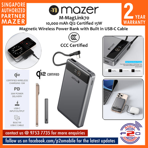 Mazer M-Ai-MagLink70 (CCC Certified) 10,000 mAh Qi2 Certified 15W Magnetic Wireless Power Bank with Built in USB-C Cable