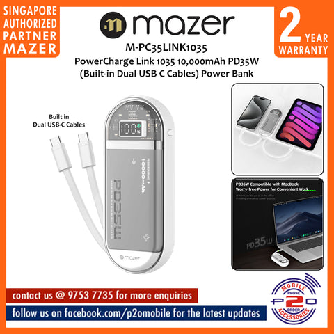 Mazer M-PC35LINK1035 PowerCharge 10000mAh PD35W with Built-in Dual USB-C Cables
