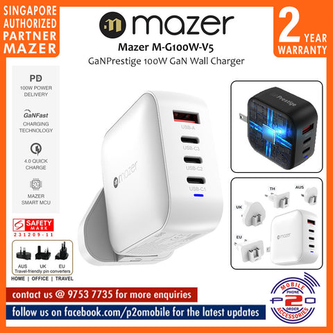 Mazer M-G100W-V5 GaNPrestige 100W Gan Wall Charger with 4 Travel Pins (4 Ports)