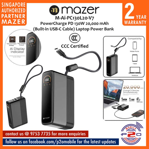 Mazer M-Ai-PC130L20-V7 (CCC Certified) PowerCharge PD 130W 20,000 mAh (Built-in USB-C Cable) Laptop Power Bank