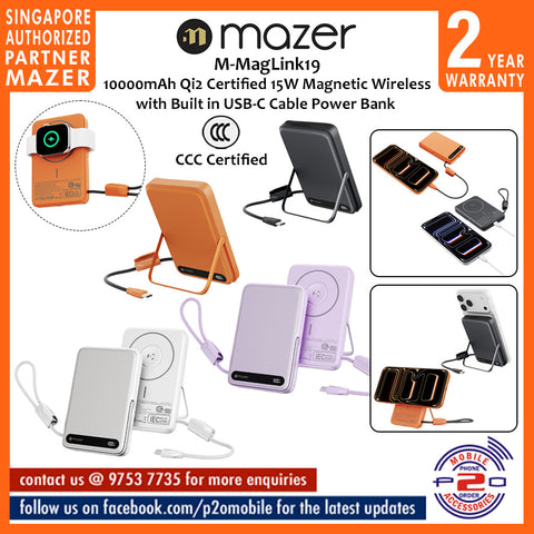 Mazer M-MagLink19 (CCC Certified) 10,000 mAh Qi2 Certified 15W Magnetic Wireless Power Bank with Built in USB-C Cable
