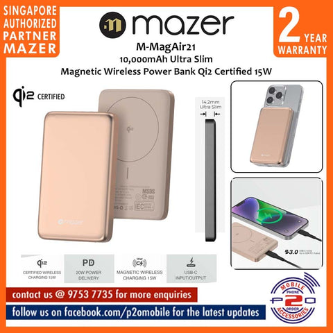 Mazer M-MagAir21 10,000mAh Ultra Slim Magnetic Wireless Power Bank (qi2) Certified 15W