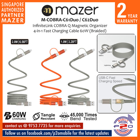 Mazer M-COBRA-C61Duo / M-COBRA-C62Duo (1 meter / 2 meters) InfiniteLink COBRA Q Magnetic Organizer 4-in-1 Fast Charging Cable 60W (Braided)