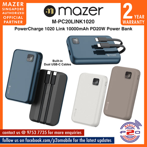 Mazer M-PC20LINK1020 PowerCharge 1020 Link 10000mAh PD20W Power Bank with Built-in Dual USB-C Cables