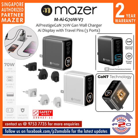 Mazer M-Ai-G70W-V7 AiPrestigeGaN 70W Gan Wall Charger Ai Display with Travel Pins (3 Ports)