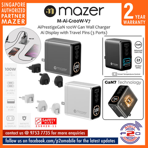 Mazer M-Ai-G100W-V7 AiPrestigeGaN 100W Gan Wall Charger Ai Display with Travel Pins (3 Ports)