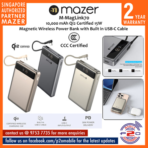 Mazer M-Ai-MagLink70 (CCC Certified) 10,000 mAh Qi2 Certified 15W Magnetic Wireless Power Bank with Built in USB-C Cable
