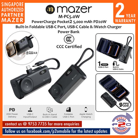 Mazer M-PC5.0W Pocket2 (CCC Certified) 5,000 mAh PD20W Built-in USB-C Port, USB-C Cable & iWatch Charger Power Bank