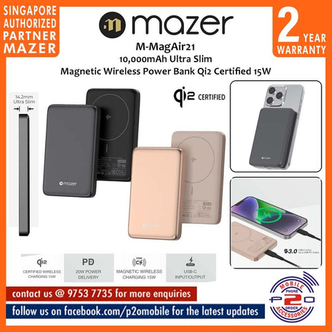 Mazer M-MagAir21 10,000mAh Ultra Slim Magnetic Wireless Power Bank (qi2) Certified 15W