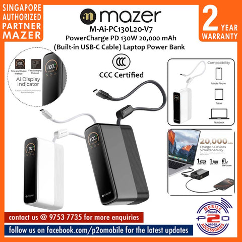 Mazer M-Ai-PC130L20-V7 (CCC Certified) PowerCharge PD 130W 20,000 mAh (Built-in USB-C Cable) Laptop Power Bank