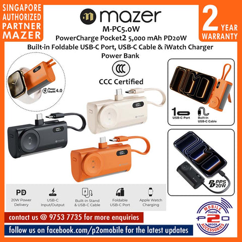 Mazer M-PC5.0W Pocket2 (CCC Certified) 5,000 mAh PD20W Built-in USB-C Port, USB-C Cable & iWatch Charger Power Bank