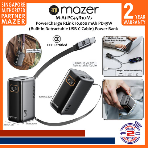 Mazer M-Ai-PC45R10-V7 (CCC Certified) PowerCharge RLink 10,000 mAh PD45W (Built-in Retractable USB-C Cable) Power Bank