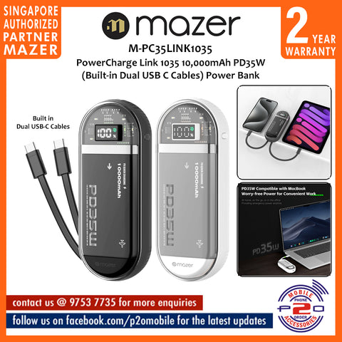 Mazer M-PC35LINK1035 PowerCharge 10000mAh PD35W with Built-in Dual USB-C Cables