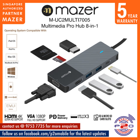Mazer M-UC2MULTI7005 USB-C Multimedia Pro Hub 8-in-1 Black Edition