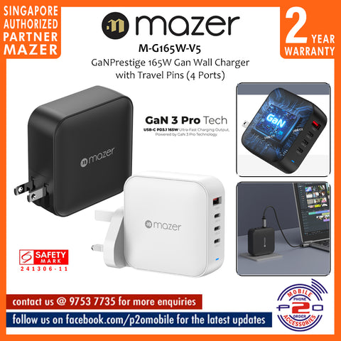 Mazer M-G165W-V5 GaNPrestige 165W Gan Wall Charger with Travel Pins (4 Ports)