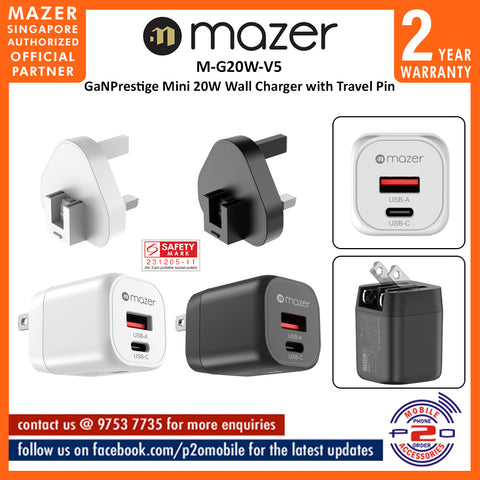 Mazer M-G20W-V5 GaNPrestige Mini 20W Wall Charger with Travel Pin
