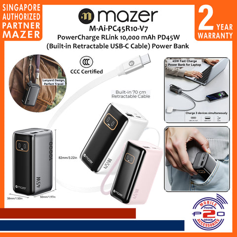 Mazer M-Ai-PC45R10-V7 (CCC Certified) PowerCharge RLink 10,000 mAh PD45W (Built-in Retractable USB-C Cable) Power Bank