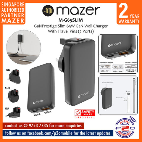 Mazer M-G65SLIM GaNPrestige Slim 65W GaN Wall Charger With Travel Pins (2 Ports)