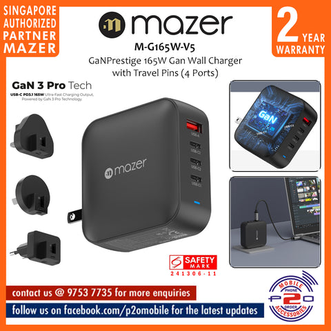 Mazer M-G165W-V5 GaNPrestige 165W Gan Wall Charger with Travel Pins (4 Ports)