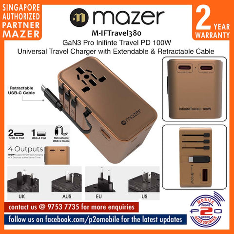 Mazer M-IFTravel380 GaN3 Pro Inifinte Travel PD 100W Universal Travel Charger with Extendable & Retractable Cable