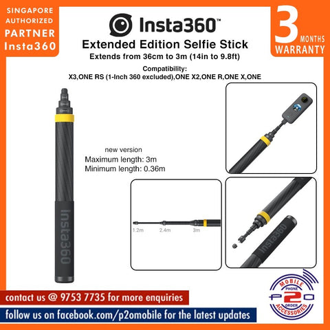 Insta360 Extended Edition Selfie Stick (36cm to 3m), Compatibility: X3, ONE RS (1-Inch 360 excluded), ONE X2, ONE R, ONE