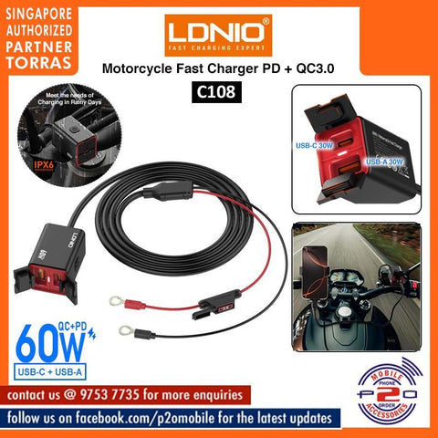 LDNIO C108 Motorcycle 60W PD + QC3.0 PPS  Dual Port Waterproof Fast Charger