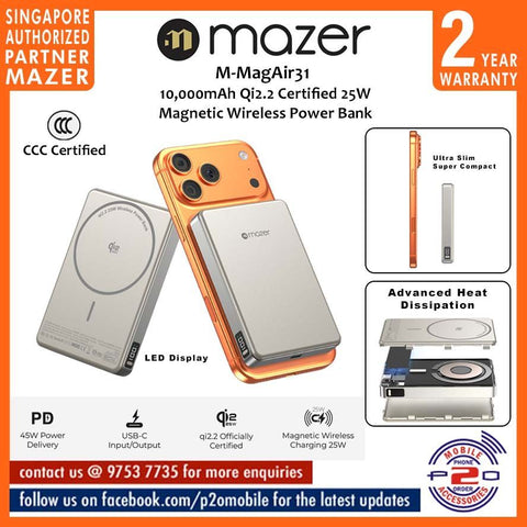Mazer M-MagAir31 (CCC Certified) 10,000mAh Qi2.2 Certified 25W Magnetic Wireless Power Bank
