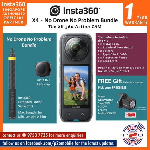 Insta360 X4 8K30fps 360 Action Camera - No Drone No Problem Bundle
